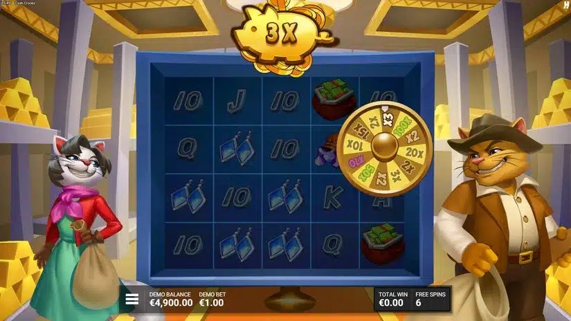 Cash Crooks Vault Dial spinning during free spins with Piggy Bank at 3x