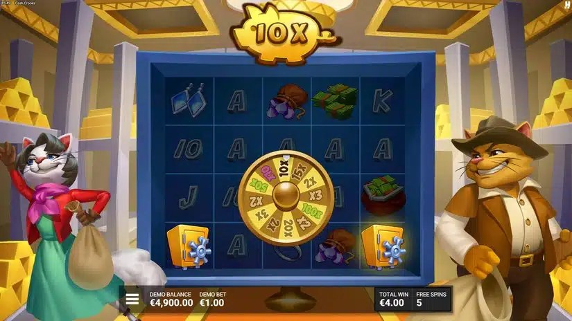 Cash Crooks free spins with multiple golden vault symbols and Piggy Bank at 10x