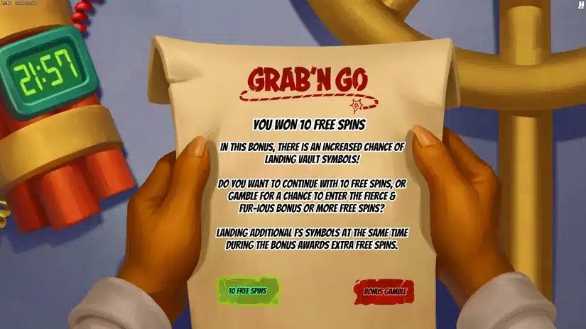Cash Crooks Grab'n Go screen offering 10 Free Spins or Bonus Gamble